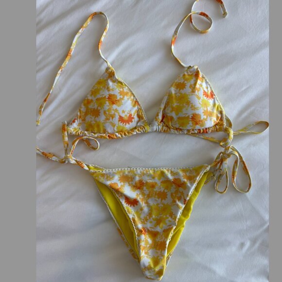 Yellow floral Triangle Bathing Suit‎ Tie String Thong size small - Picture 3 of 3